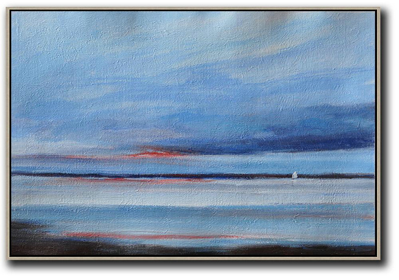 Large Abstract Art Handmade Painting,Horizontal Palette Knife Contemporary Art,Abstract Oil Painting,Sky Blue,Dark Blue,Black,Red.etc